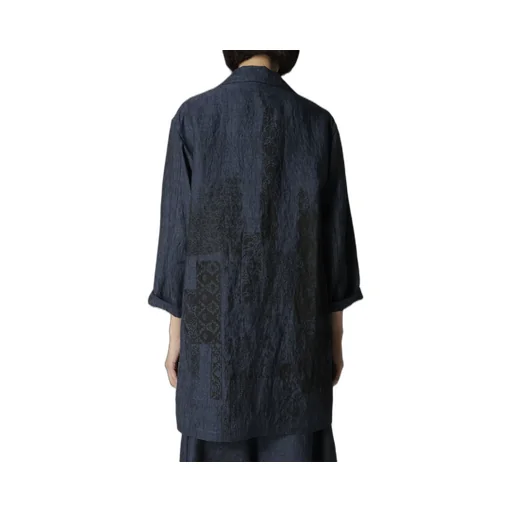 Linen Chambray Ethnic Patchwork Print 3/4 Work Jacket