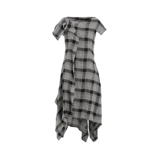 Linen/Silk Plaid Handkerchief Hem Dress