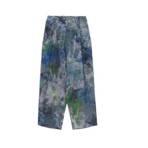 Linen Lawn Paint Print High Waist Pleated Pants