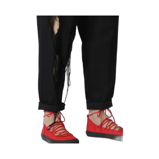 Denim Hole Embroidery Waist String Slim Pants