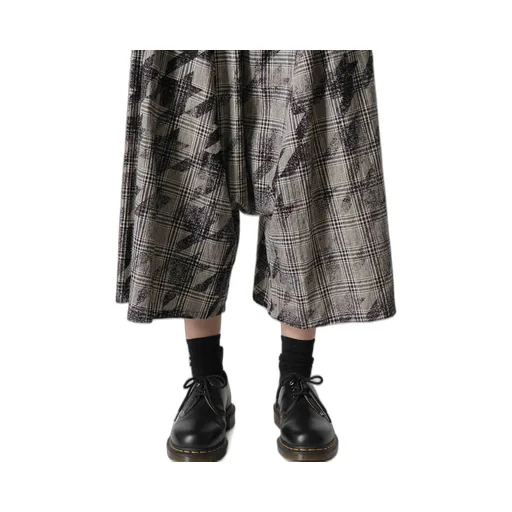 Cotton/Linen Plaid×Big Houndstooth Gathered Pants