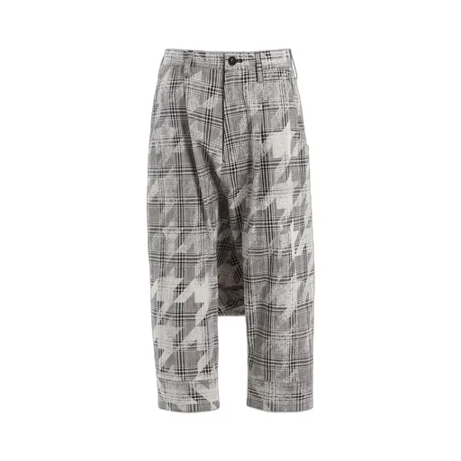Cotton/Linen Plaid×Big Houndstooth Cuffed Hem Sarrouel Pants