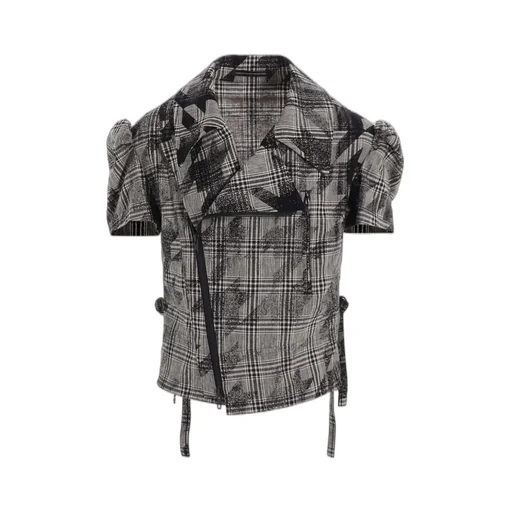 Cotton/Linen Plaid×Big Houndstooth Short Sleeve Moto Jacket