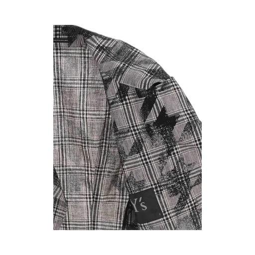 Cotton/Linen Plaid×Big Houndstooth Short Sleeve Moto Jacket