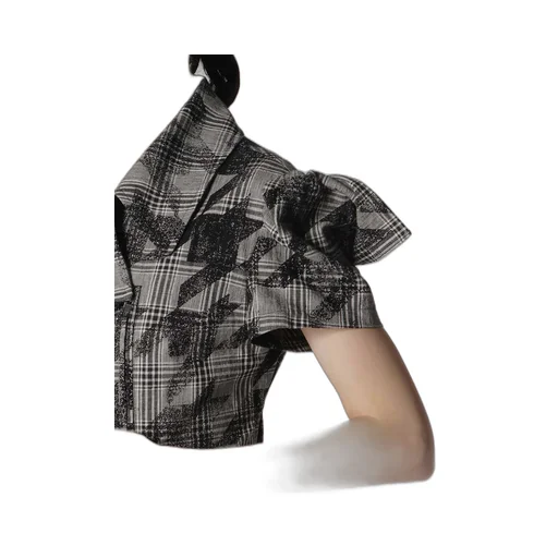Cotton/Linen Plaid×Big Houndstooth Short Sleeve Moto Jacket