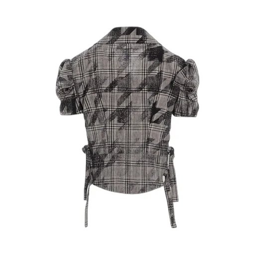 Cotton/Linen Plaid×Big Houndstooth Short Sleeve Moto Jacket