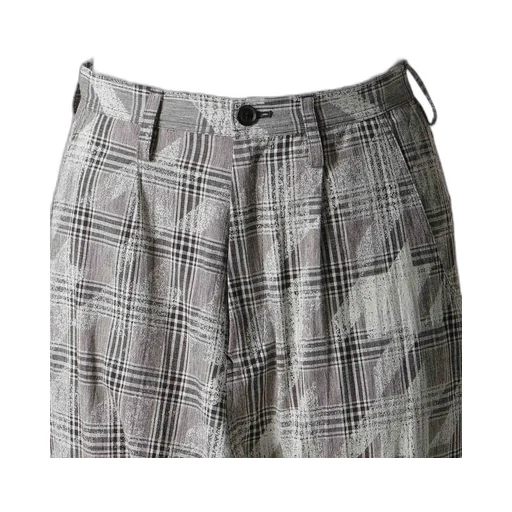 Cotton/Linen Plaid×Big Houndstooth Cuffed Hem Sarrouel Pants