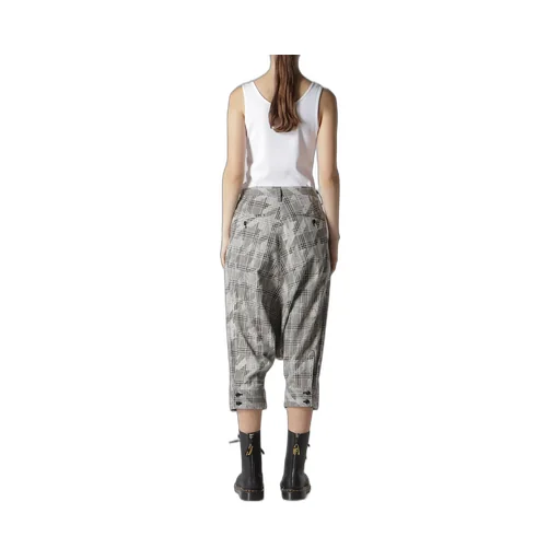 Cotton/Linen Plaid×Big Houndstooth Cuffed Hem Sarrouel Pants