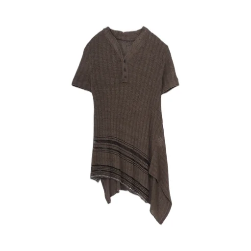 Drop Needle Rib Stripe Asymmetric Hem Pullover