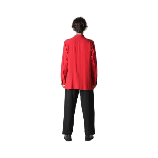 Red Rayon Lawn Chest-Paneled Stand-Collar Blouse