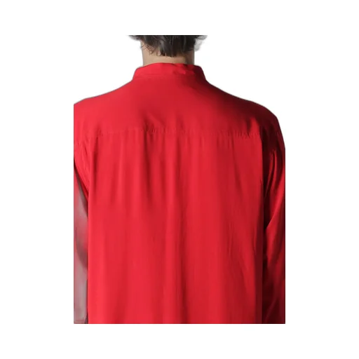 Red Rayon Lawn Chest-Paneled Stand-Collar Blouse