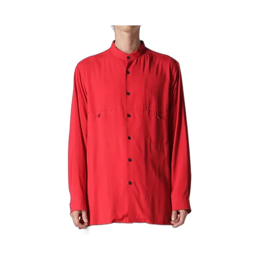 Red Rayon Lawn Chest-Paneled Stand-Collar Blouse
