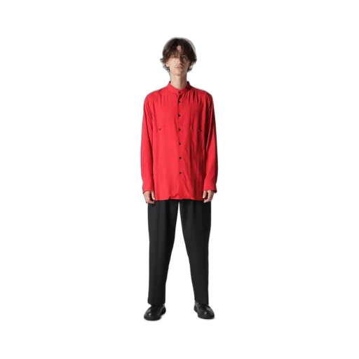 Red Rayon Lawn Chest-Paneled Stand-Collar Blouse