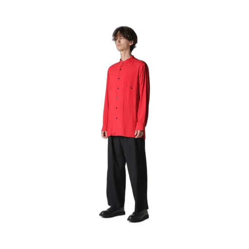 Red Rayon Lawn Chest-Paneled Stand-Collar Blouse