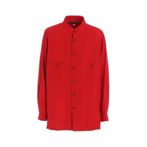 Red Rayon Lawn Chest-Paneled Stand-Collar Blouse