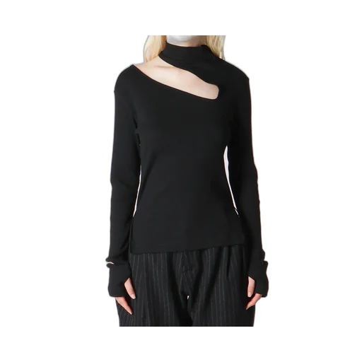 Cotton Rayon Rib Slit High Neck T-Shirt
