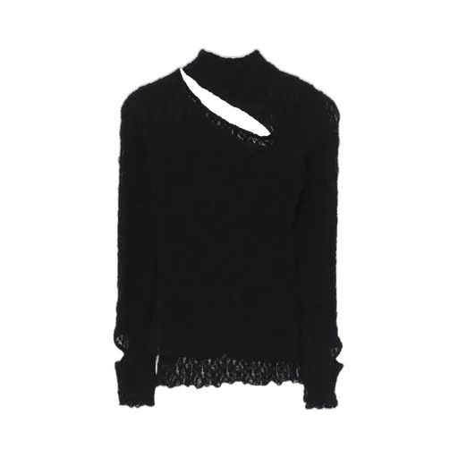 Flower Shirring Slit High Neck T-Shirt