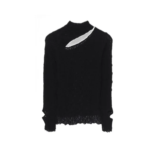 Flower Shirring Slit High Neck T-Shirt