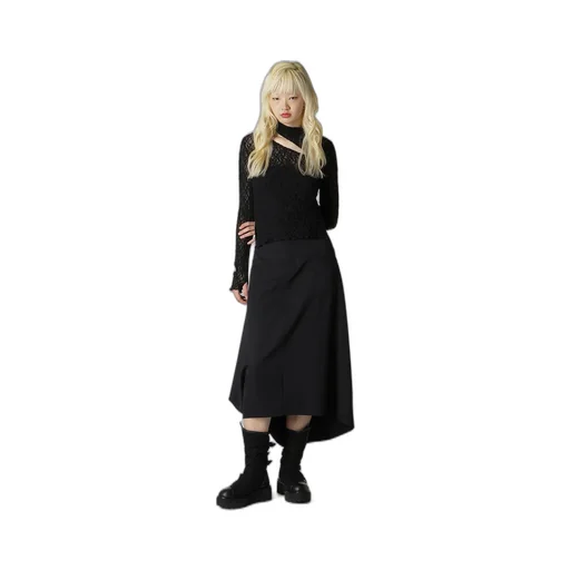Flower Shirring Slit High Neck T-Shirt