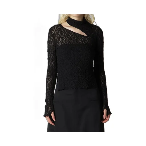 Flower Shirring Slit High Neck T-Shirt