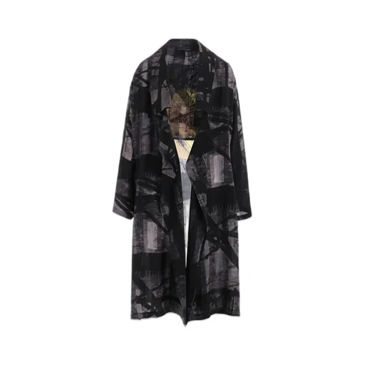 Flower&Cable Print Big Collar Coat