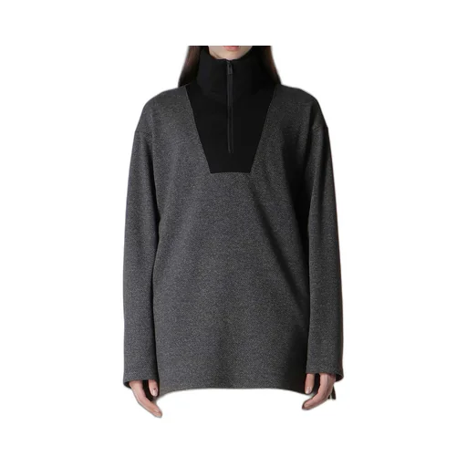 C/W Twill Jersey Padded Collar Half Zip Long Blouse