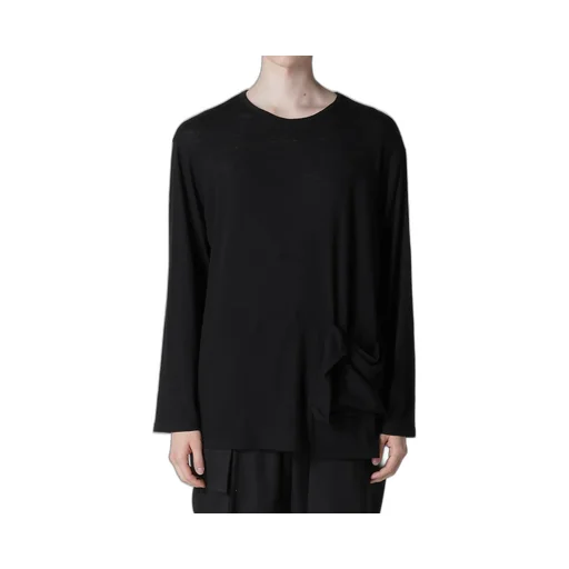 Cotton Silk Noir Gauze Jersey Pocket Detail Long Slv T