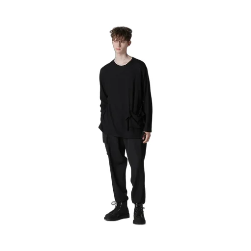 Cotton Silk Noir Gauze Jersey Pocket Detail Long Slv T