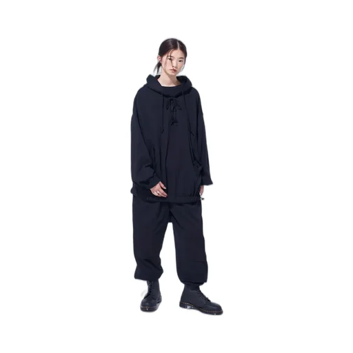 Twill Terry Mix Oversized Lace-Up Hoodie