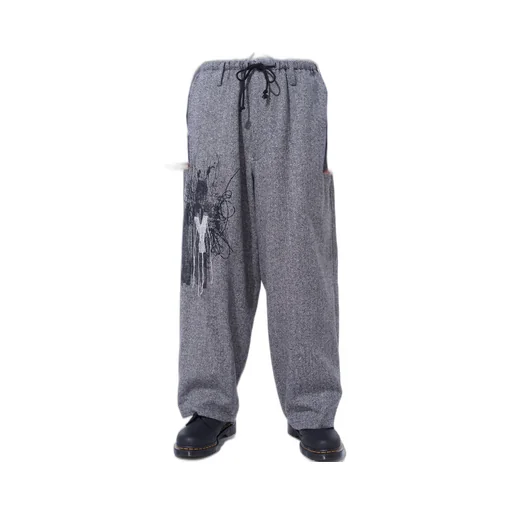 Herringbone Tweed Waist-String Wide Pants