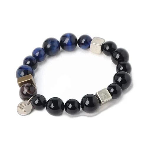 Blue Tiger's Eye+Smoky Quartz Brass Bracelet
