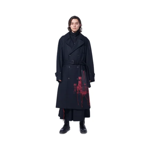 Lamb Wool Printed Messege Embroidery Trench Coat