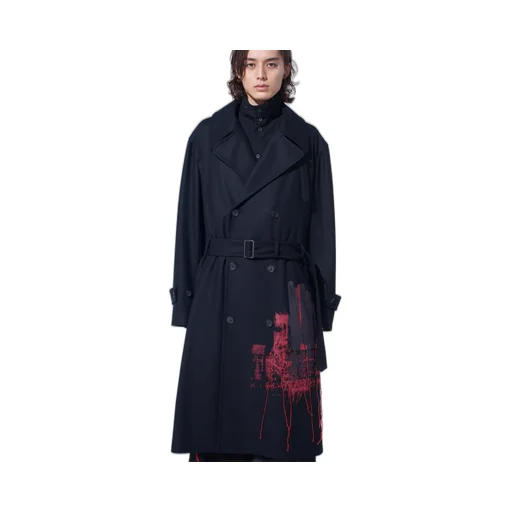 Lamb Wool Printed Messege Embroidery Trench Coat