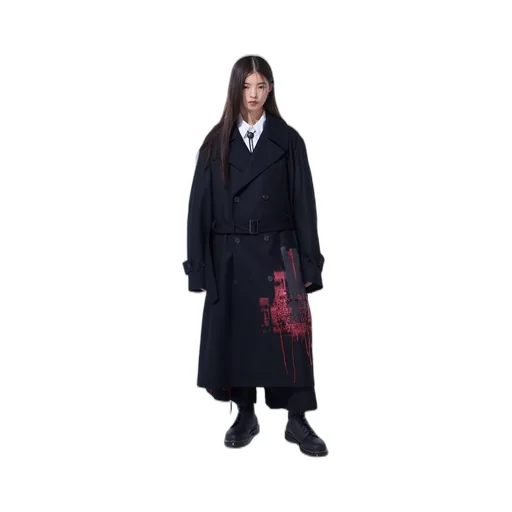 Lamb Wool Printed Messege Embroidery Trench Coat