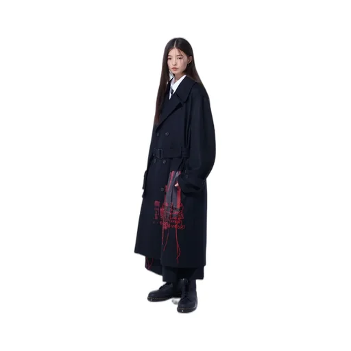Lamb Wool Printed Messege Embroidery Trench Coat