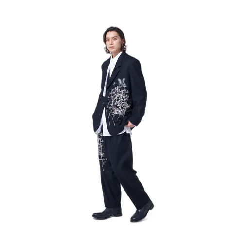 Lamb Wool Printed Messege Embroidery 2 Tuck Suspender Pants