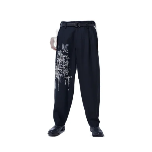 Lamb Wool Printed Messege Embroidery 2 Tuck Suspender Pants