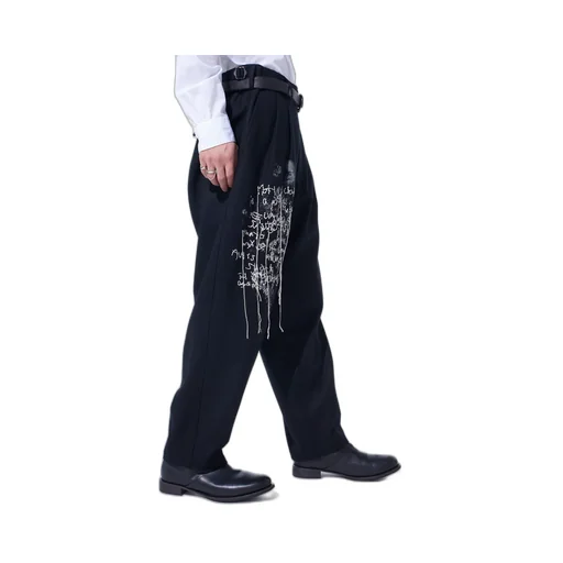 Lamb Wool Printed Messege Embroidery 2 Tuck Suspender Pants