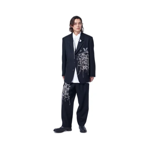 Lamb Wool Printed Messege Embroidery 2 Tuck Suspender Pants