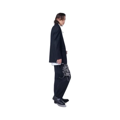 Lamb Wool Printed Messege Embroidery 2 Tuck Suspender Pants