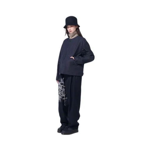 Lamb Wool Printed Messege Embroidery 2 Tuck Suspender Pants