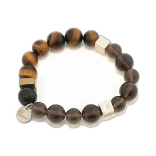 Tiger's Eye+Smoky Quartz Brass Bracelet