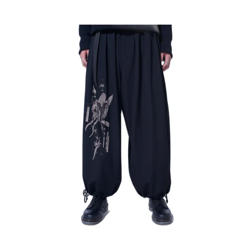 Washer Wool Gabardine Print Embroidery Balloon Pants