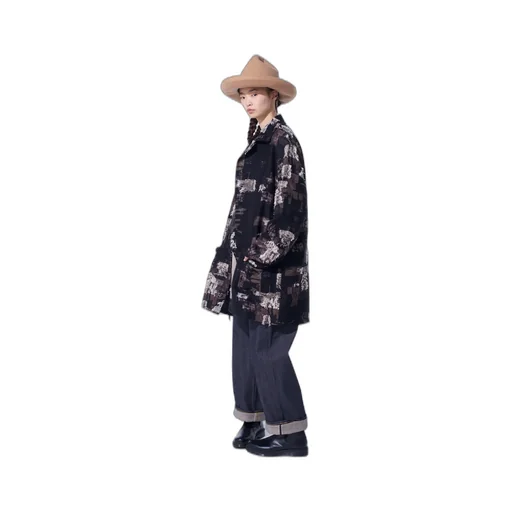 Patchwork Cut Jacquard Pocket Half Coat