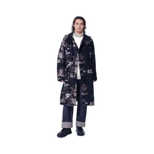 Patchwork Cut Jacquard Hooded Coat