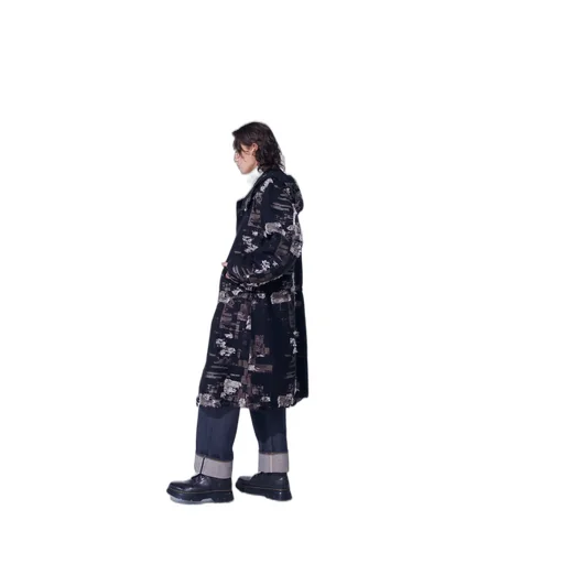 Patchwork Cut Jacquard Hooded Coat
