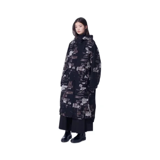 Patchwork Cut Jacquard Hooded Coat