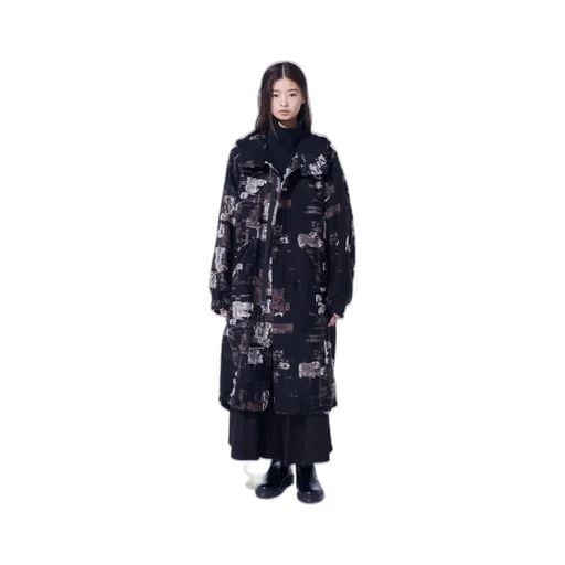 Patchwork Cut Jacquard Hooded Coat