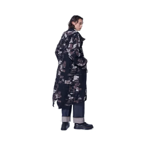 Patchwork Cut Jacquard Hooded Coat