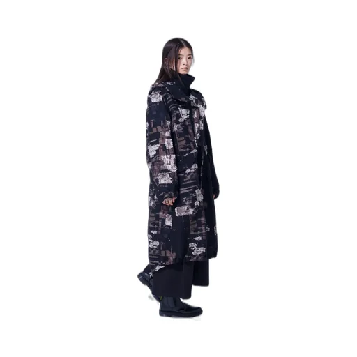 Patchwork Cut Jacquard Hooded Coat